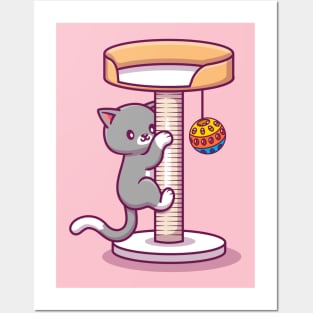 Cute Cat Climbing And Playing Ball Posters and Art